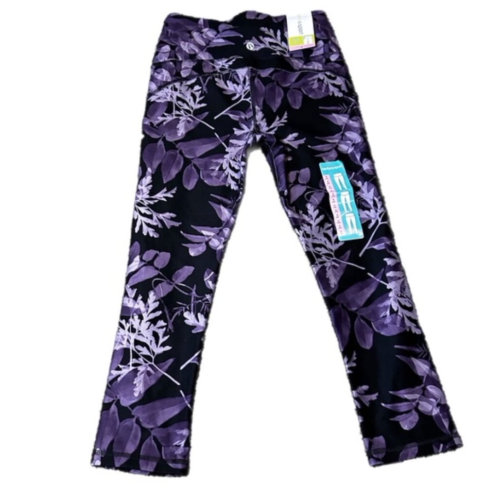 Marika Black Leggings with Purple Leaf Print NWT